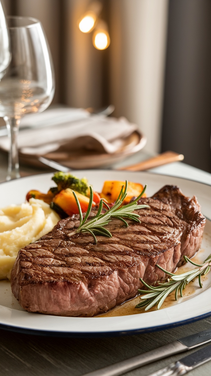 Pan-seared New York Strip Steak with rosemary, served with roasted vegetables and mashed potatoes on a cozy dining table.